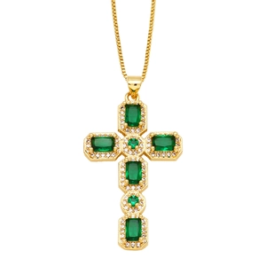 Hip hop cross necklace in gold with green rectangle stones and white zircon accents