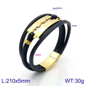 Detailed close-up of multilayer braided leather bracelet with gold razor blade charm