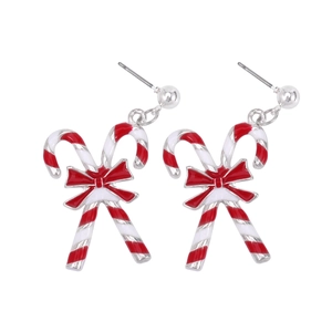 Detailed view of candy cane Christmas earrings with red bows and enamel stripes