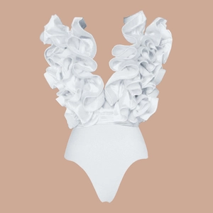 Detail of white swimsuit featuring elegant multi-layered ruffled V-neck and mesh textures