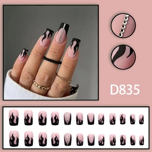 Matte pink press-on nails with black flame patterns and small rhinestones set D835