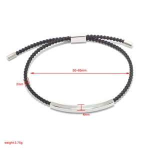Adjustable black braided rope bracelet with 4mm polished stainless steel hollow tube