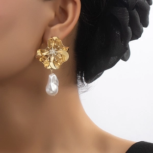 French vintage gold flower earrings with baroque pearl drop and zircon stone accents