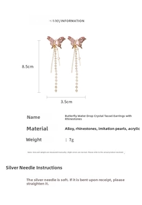 Detailed size chart for butterfly tassel earrings with pink crystals and pearls