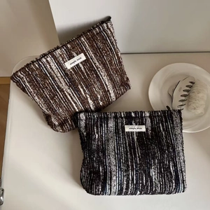 Detailed macro view of textured tweed makeup bags with zipper and simple wish label