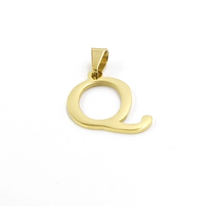 Close-up of golden letter Q pendant with polished metallic finish and attachment loop