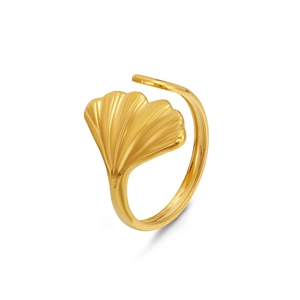 French vintage 18K gold plated stainless steel ginkgo leaf open adjustable ring