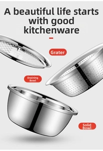 Three-piece stainless steel kitchen set with grater lid, colander, and solid basin bowl