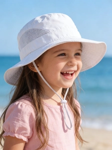 Close-up of kids sun hat with breathable mesh side panels and adjustable chin strap