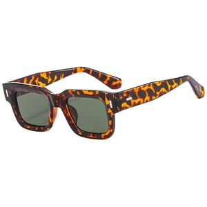Retro tortoise thick frame square sunglasses with dark green lenses and silver metal trim