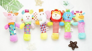 Set of 6 colorful plush animal rattles including pig, rabbit, elephant, lion, cat and duck
