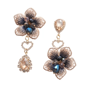 Vintage asymmetric earrings with champagne crystals and floral embroidery in gold