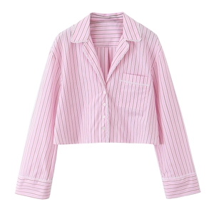 Ensemble 3 pièces rayé rose pour femme avec chemise manches longues et dentelle