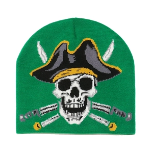Close-up of winter green knit beanie featuring pirate skull and flintlock pistols jacquard