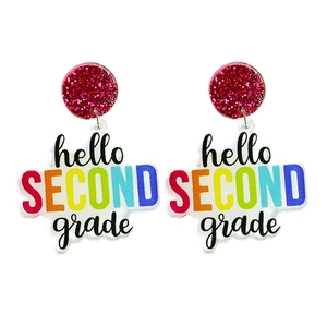 Sparkly pink glitter acrylic earrings featuring a colorful hello SECOND grade print design