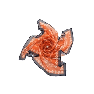 Retro geometric printed silk scarf necklace with luxury orange and navy blue patterns