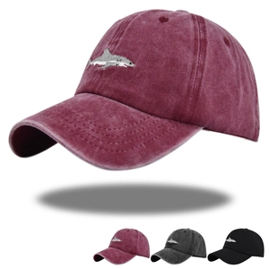 Baseball Cap Washed Cotton Shark Embroidery Distressed Adjustable Dad Hat Sun Protection Outdoor Retro Style