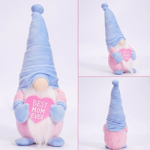 Detailed views of Mother's Day gnome plush with Best Mom Ever heart and pink tulip hat