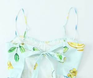 Detail of light blue lemon print poplin dress featuring a large back bow tie design