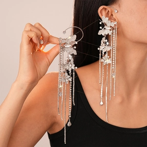 Butterfly Tassel Ear Cuff Earrings Alloy Copper With Rhinestones And Zircon No Piercing Long Chain For Women