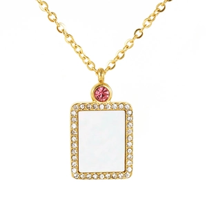 Square shell pendant necklace in gold stainless steel with pink stone and crystals