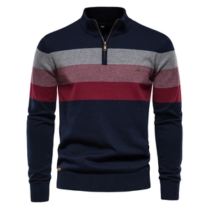 Men's quarter-zip knitted sweater with navy, grey, and burgundy colorblock stripes