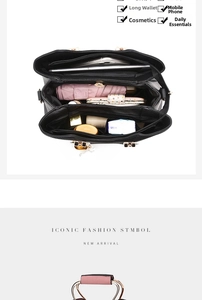 Interior view showing large capacity and multi-compartment storage of this black handbag
