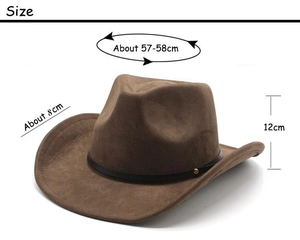 Détails d'un chapeau de cowboy marron en suédine avec dimensions: tour 57-58cm, hauteur 12cm