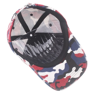 Detail of camouflage cotton baseball cap showing internal sweatband and back metal buckle