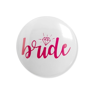 Detail of Bride to Be tinplate badge featuring pink calligraphy and diamond icon decoration