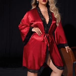 Elegant dark red satin long robe with black eyelash lace trim and matching waist tie