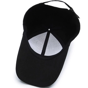 Black canvas baseball cap with reinforced six-panel design and curved sun visor