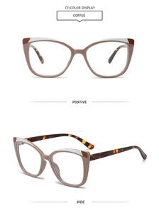 Detail view of coffee tortoiseshell cat eye glasses frames showing front and side profile