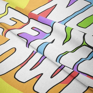 Detail of soft short-pile fabric texture and vibrant pop art digital printing on tapestry