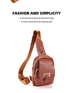 Detailed front view of brown PU leather crossbody bag with golden zippers and wide strap