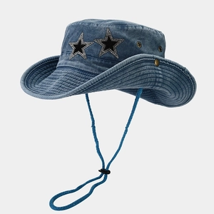 Denim sun hat with star rhinestone patches and adjustable wind cord for outdoors