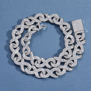 Men's silver iced out Cuban chain necklace with heart links and crystal rhinestones