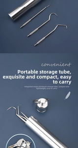 Macro detail of 304 stainless steel dental picks with non-slip knurled handles and storage tube
