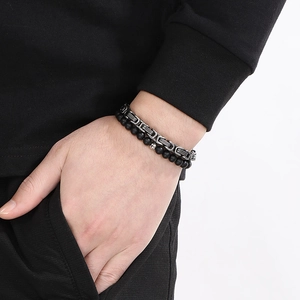 Men's double-layered bracelet set with punk black onyx beads and stainless steel chain