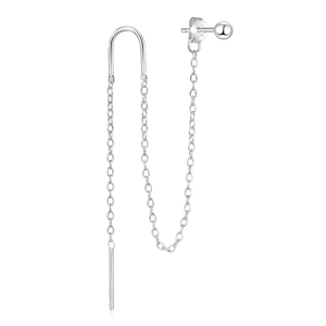 Macro detail of S925 sterling silver chain tassel earring with star beads on white background