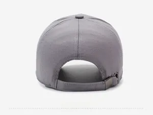Rear view of grey baseball cap showing textured fabric and adjustable metal buckle