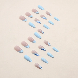 Almond blue and white French wave press-on nails set with glitter and nude base