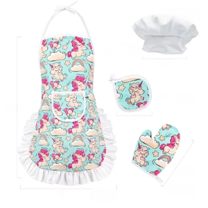 Kids' chef set with unicorn apron, hat, oven mitt, and pot holder featuring dimensions