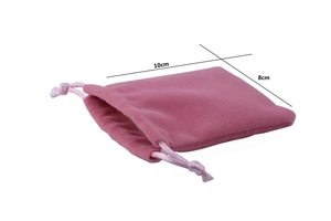 Pink velvet drawstring jewelry pouch measuring 10cm by 8cm for small gift packaging