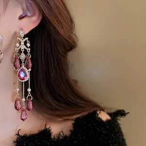 Baroque style gold tassel earrings with purple crystals and pearls for women