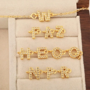 Alphabet Letter Charms Gold Plated Copper Cubic Zirconia Initial Letters Double Loops DIY Jewelry Making Supplies