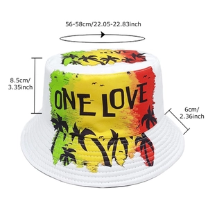 White One Love bucket hat with palm tree print and dimensions for outdoor sun protection