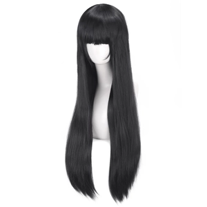 Detail of 80cm long straight black cosplay wig with flat bangs on a white mannequin