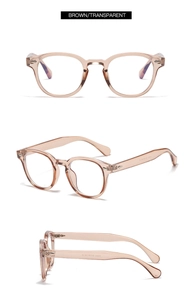 Vue triple des montures rétro rondes marron transparent montrant les détails de profil