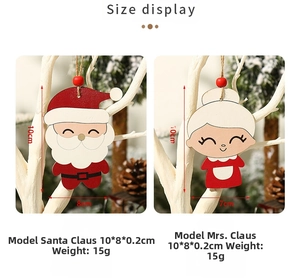 Size chart for wooden Santa and Mrs. Claus Christmas ornaments showing height and weight